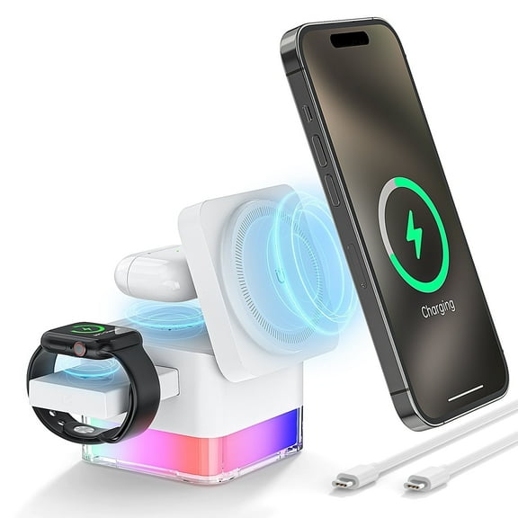 iPhone Wireless Charger, Cshidworld 3 in 1 Cube Wireless Charger Stand, 15W Fast Charging Station, Foldable Wireless Charger for iPhone 16/15/14/13/12 Pro Max, iWatch S2-10/Ultra, AirPods 2/3/4/Pro