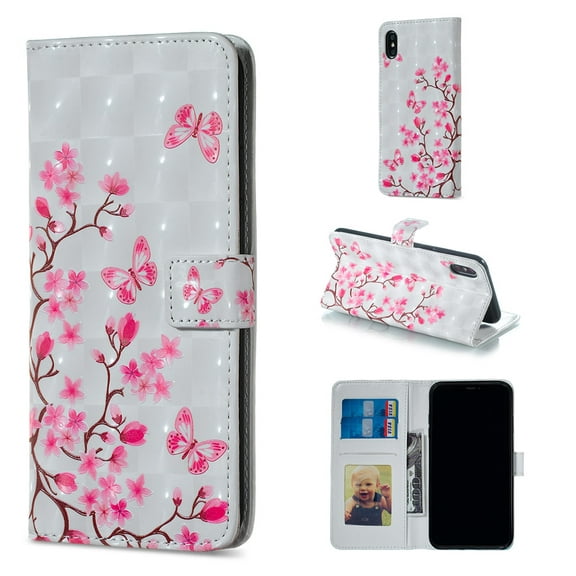iPhone X 2017 Case Wallet, iPhone XS 2018 Case, Allytech 3D Emboss Leather Protective Cover & Credit Card Slots Pocket, Support Kickstand Slim Case for Apple iPhone X/ XS (Flower Butterfly)