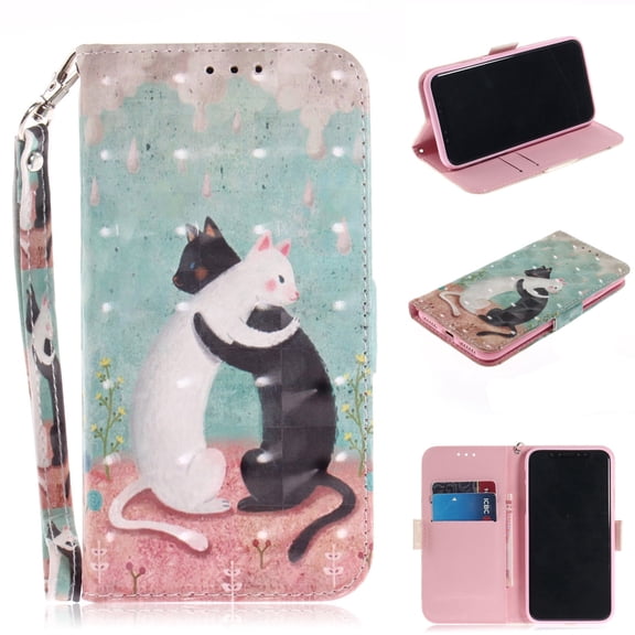 iPhone X 2017 Case, iPhone XS 2018 Case, Allytech 3D PU Leather Protective Cover & Pocket Lanyard Wallet with Cards Holder, Support Kickstand Slim Case for Apple iPhone X/ XS, Black & White Cat