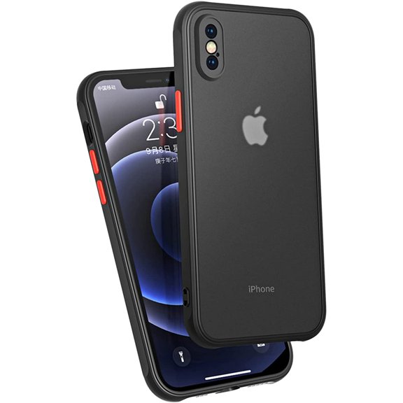iPhone X Case with Camera Lens Protector 5.8", Shockproof Full Body Cover Soft Flat Edge Bumper, Enhanced Corner, Translucent Matte Hard PC Back Slim Protective Phone Case for iPhone Xs, Black