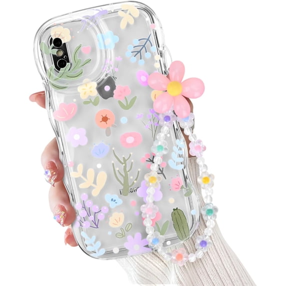 for iPhone X Case, Cute Colorful Flower Curly Wave Clear Case with Lovely Flower Bracelet Chain for Women Girls Soft TPU Shockproof Protective Case Cover for iPhone X