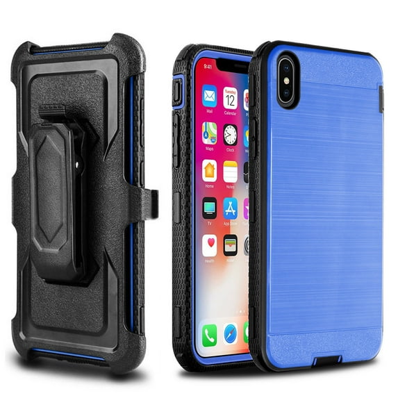 iPhone X Case, Mignova Belt Swivel Clip Full Body Protective Rugged Plastic Heavy Duty Armor Holster Defender Hybrid Case Cover with Kickstand for Apple iPhone X (Blue)