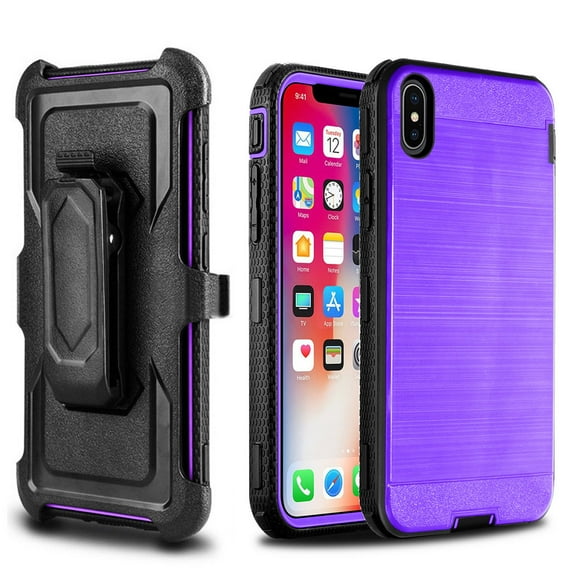 iPhone X Case, Mignova Belt Swivel Clip Full Body Protective Rugged Plastic Heavy Duty Armor Holster Defender Hybrid Case Cover with Kickstand for Apple iPhone X (Purple)