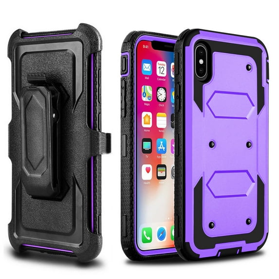 iPhone X Case, Mignova Full Body Protective Rugged Plastic Heavy Duty Armor Holster Defender Hybrid Case Cover with Belt Swivel Clip and Kickstand for Apple iPhone X (Purple)