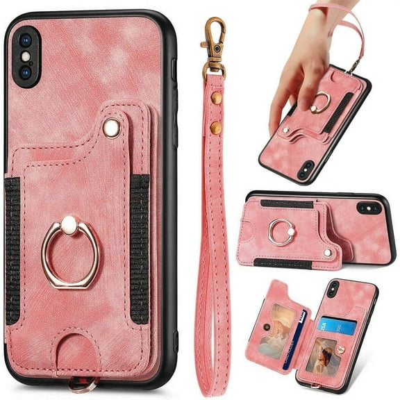 for iPhone X Case,Phone Case for iPhone Xs,Card Holder Wallet,Ring Holder Stand,RFID-Blocking,Wrist Strap,Camera Protector,Leather Protective Magnetic Flip Cover for iPhone 10/X/XS (Pink)