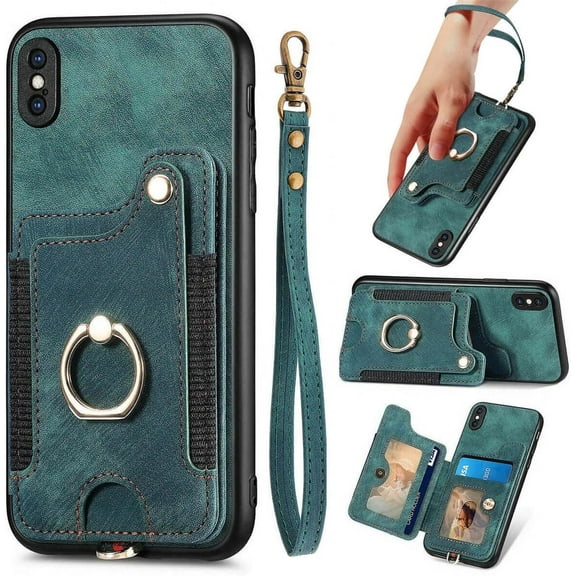 for iPhone X Case,Phone Case for iPhone Xs,Card Holder Wallet,Ring Holder Stand,RFID-Blocking,Wrist Strap,Camera Protector,Leather Protective Magnetic Flip Cover for iPhone 10/X/XS (Green)