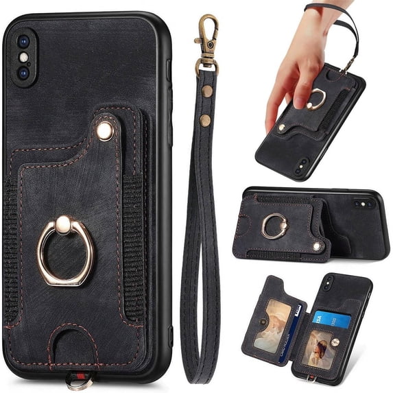 for iPhone X Case,Phone Case for iPhone Xs,Card Holder Wallet,Ring Holder Stand,RFID-Blocking,Wrist Strap,Camera Protector,Leather Protective Magnetic Flip Cover for iPhone 10/X/XS (Black)