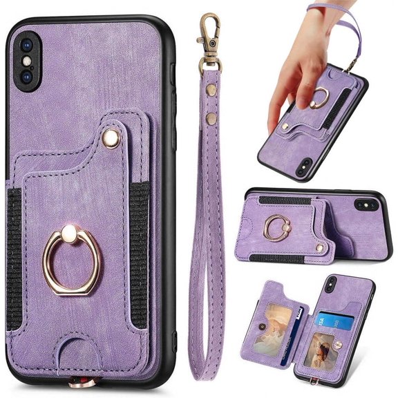 for iPhone X Case,Phone Case for iPhone Xs,Card Holder Wallet,Ring Holder Stand,RFID-Blocking,Wrist Strap,Camera Protector,Leather Protective Magnetic Flip Cover (Purple)