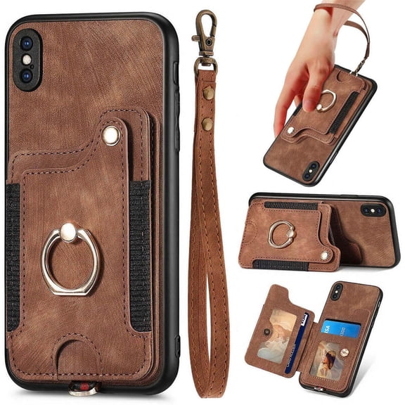 for iPhone X Case,Phone Case for iPhone Xs,Card Holder Wallet,Ring Holder Stand,RFID-Blocking,Wrist Strap,Camera Protector,Leather Protective Magnetic Flip Cover for iPhone 10/X/XS (Brown)