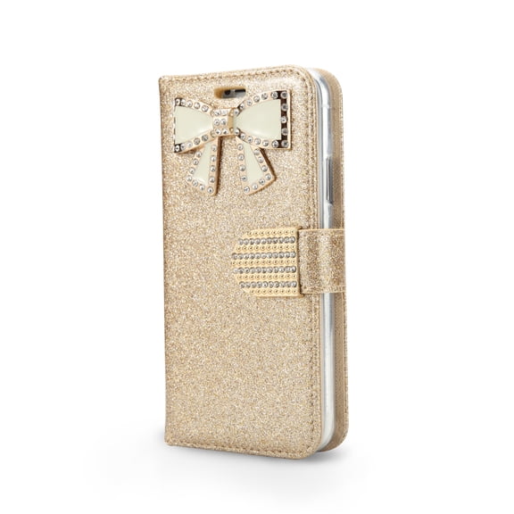 iPhone X Case, Shiny PU Leather Sparkle Rhinestone Butterfly Wallet Case (WBL Gold)