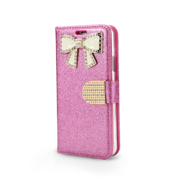 iPhone X Case, Shiny PU Leather Sparkle Rhinestone Butterfly Wallet Case (WBL Hot Pink)