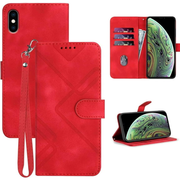 for iPhone X Case Wallet/iPhone Xs Case,Phone Case for iPhone 10,Card Holder Leather Stand Flip Cases,Wrist Strap, Closure,Shockproof Protective Cover for iPhone 10 X/XS (Red)