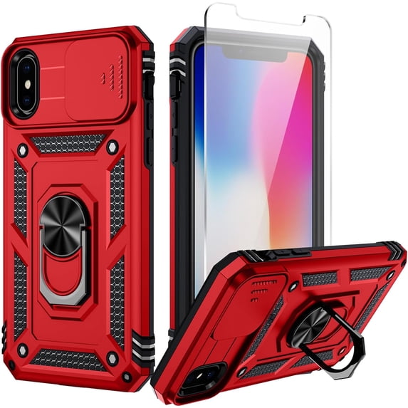 for iPhone X Case, iPhone Xs Case with Camera Lens Cover, HD Screen Protector, 10 FT Military Grade Drop Protection, Magnetic Ring Holder Kickstand Phone Case for iPhone X/Xs (Red)