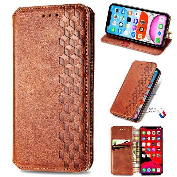 iPhone X Case, iPhone Xs Case PU Leather TPU Wallet Cover with Card Holder Kickstand Hidden Magnetic Adsorption Shockproof Flip Folio Cell Phone Case for Apple iPhone X/Xs 5.8 inch, Brown