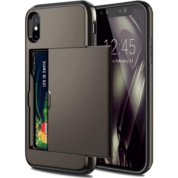 iPhone X Case, iPhone 10 Case,Hybrid iPhone X Wallet Case Card Holder Shell Heavy Duty Protection Shockproof Anti Scratch Soft Rubber Bumper Cover Case for iPhone X 5.8 inch Gun Color