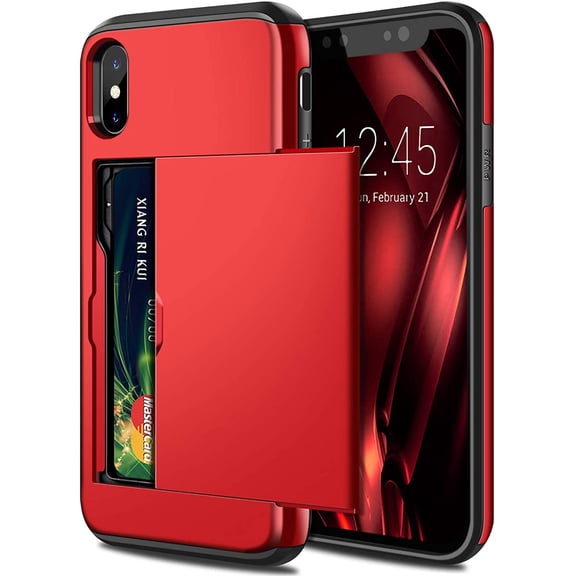 iPhone X Case, iPhone 10 Case, Hybrid iPhone X Wallet Case Card Holder Shell Heavy Duty Protection Shockproof Anti Scratch Soft Rubber Bumper Cover Case for iPhone X 5.8 inch Metallic Red