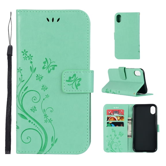 iPhone X Case, iPhone XS Case - Allytech Premium Wallet PU Leather with Fashion Embossed Flower Magnetic Clasp Card Holders Flip Cover with Hand Strap, Green