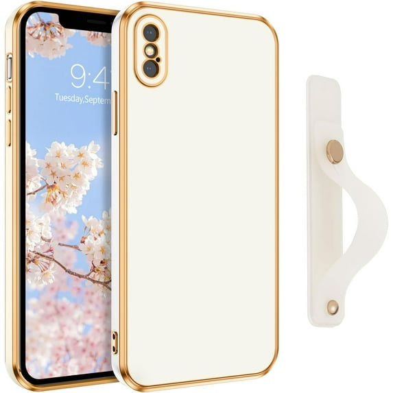 iPhone X Case,iPhone XS Case,Phone case for iPhone X/XS, Slim Fit Soft with Adjustable Wristband Kickstand Scratch Resistant Shockproof Protective Cover for Apple iPhone X/XS 5.8",White/Golden