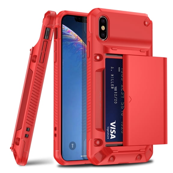 for iPhone X Case, iPhone XS Case Wallet Credit Card Holder ID Slot Sliding Door Hidden Pocket Men Women Anti-Scratch Dual Layer Hybrid Bumper Armor Protective Hard Shell Back Cover, Red