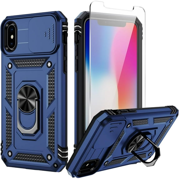 for iPhone X Case, iPhone Xs Case with Camera Lens Cover, HD Screen Protector, 10 FT Military Grade Drop Protection, Magnetic Ring Holder Kickstand Phone Case for iPhone X/Xs(Navy Blue)