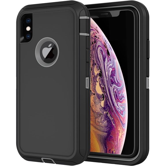 for iPhone X Case,iPhone Xs Case with Screen Protector Full Body Shockproof Drop-Proof Heavy Duty Rugged Bumper 3-Layer Defender Protective Phone Case Cover for Apple iPhone X/Xs (Black/Gray)