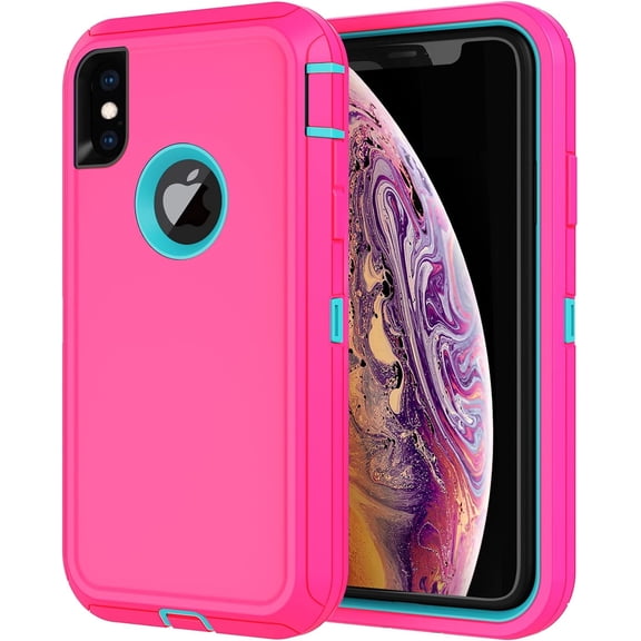 for iPhone X Case, iPhone Xs Case with Screen Protector Full Body Shockproof Drop-Proof Heavy Duty Rugged Bumper 3-Layer Defender Protective Phone Case Cover for Apple iPhone X/Xs Pink/Mint