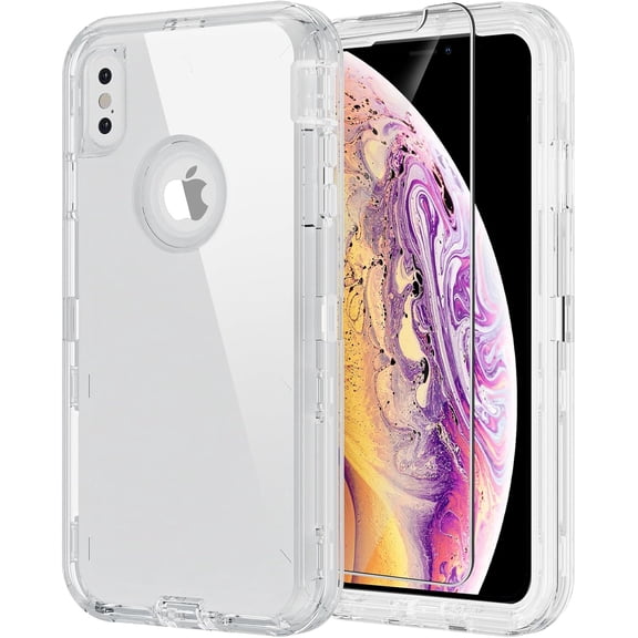 for iPhone X Case, iPhone Xs Case with Screen Protector Full Body Shockproof Drop-Proof Heavy Duty Rugged Bumper 3-Layer Defender Protective Phone Case Cover for Apple iPhone X/Xs (Clear)