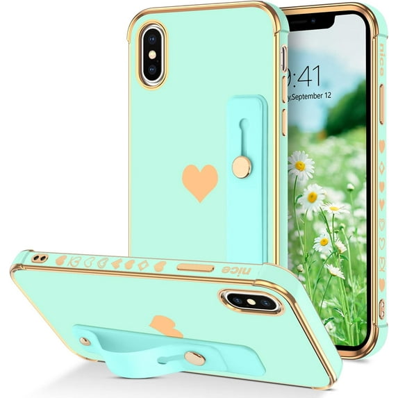 iPhone X Case,iPhone Xs Case,Slim Fit Plating Heart Soft TPU with Adjustable Wristband Kickstand Scratch Resistant Shockproof Protective Phone Cover for Apple iPhone X/XS 5.8 Inch,Green/Golden