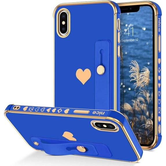 iPhone X Case,iPhone Xs Case,Slim Fit Plating Heart Soft TPU with Adjustable Wristband Kickstand Scratch Resistant Shockproof Protective Phone Cover for Apple iPhone X/XS 5.8 Inch,Blue/Golden