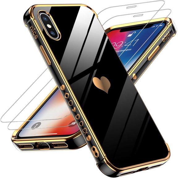 for iPhone X Case iPhone Xs Case: with Tempered Glass Screen Protector [2 Pack] + Full Camera Lens Protection,Love Heart Plating Women Cute Luxury Soft TPU Shockproof for iPhone X/XS Case, Black
