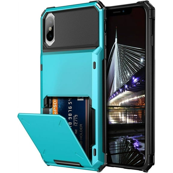 for iPhone X Case iPhone Xs Case Wallet Credit Card Holder Slot Scratch Resistant Dual Layer Protective Bumper Rugged TPU Rubber Armor Hard Shell Cover for iPhone X XS 10 10S Sky Blue