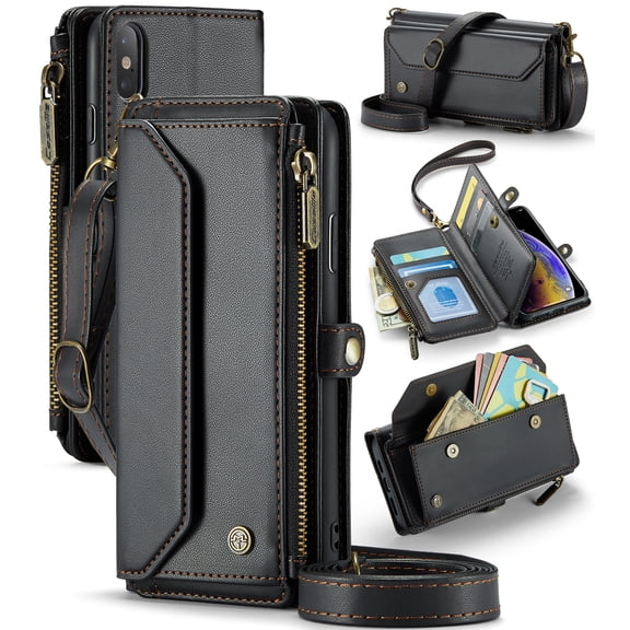 For iPhone X Crossbody Wallet Case with Card Slots Zipper Pocket,PU Leather Magnetic Flip Folio Wristlet Shoulder Strap 3-in-1 Crossbody Phone Case Wallet for Women Men,Black