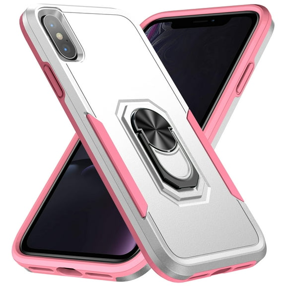 iPhone X Max Case, 360 Rotate Ring Stand Rugged Lightweight Slim Impact-Resistant Full Body Shockproof Protective Bumper Case For iPhone XS Max,White + Pink