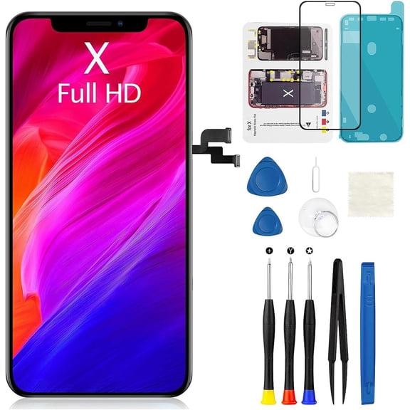 for iPhone X Screen Replacement 5.8 Inch COF FHD Display 3D Touch Digitizer with Waterproof Adhesive + Tempered Glass + Repair Kit for Model A1865, A1901, A1902