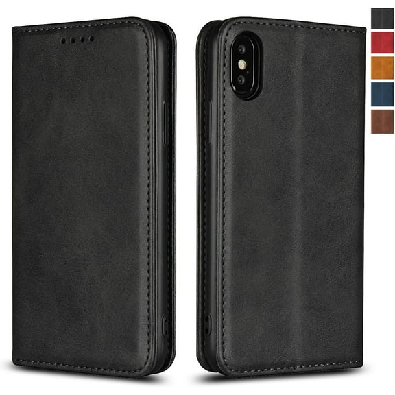iPhone X Wallet Case, iPhone 10 Case, Premium PU Leather Flip Folio Case Card Slot, Stand Holder Magnetic Closure [TPU Shockproof Interior Protective Case] for Apple iPhone X/XS, Black