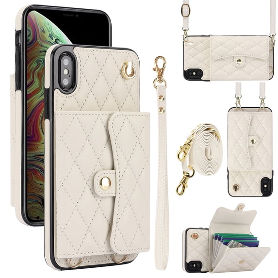 for iPhone X/XS Back Case, Luxury Ultra Slim Shockproof PU Leather Card Slots Kickstand Magnetic Snap Shoulder Strap & Wristlet RFID Blocking Phone Cover for iPhone X/XS, White