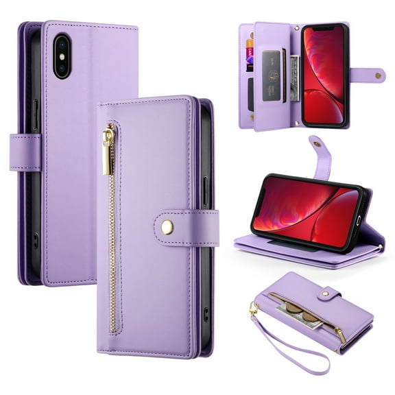 for iPhone X/XS Case with Card Holder, Retro Premium PU Leather Shoulder Wrist Strap Zipper Kickstand Flip Cover Women Girl Wallet Phone Case for iPhone X/XS, Purple
