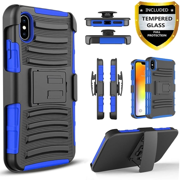 iPhone X / XS Case, Dual Layers [Combo Holster] And Built-In Kickstand Bundled with Circlemalls Stylus Pen (Blue)