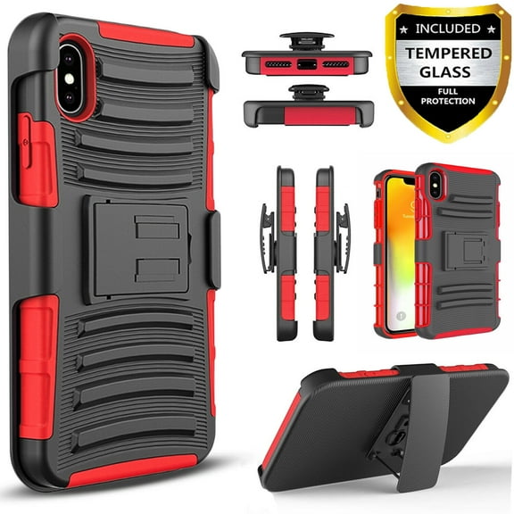 iPhone X / XS Case, Dual Layers [Combo Holster] And Built-In Kickstand Bundled with Circlemalls Stylus Pen (Red)