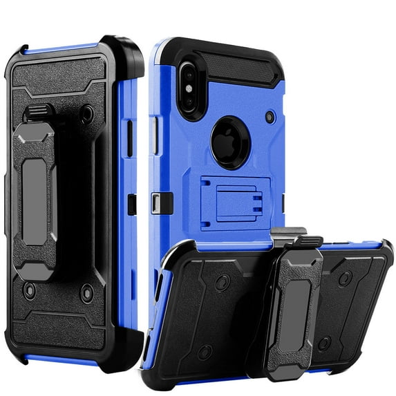 iPhone X XS Case, Mignova Rugged Plastic Heavy Duty Armor Holster Defender Full Body Protective Hybrid Case Cover with Belt Swivel Clip and Kickstand for Apple iPhone X XS (Blue)