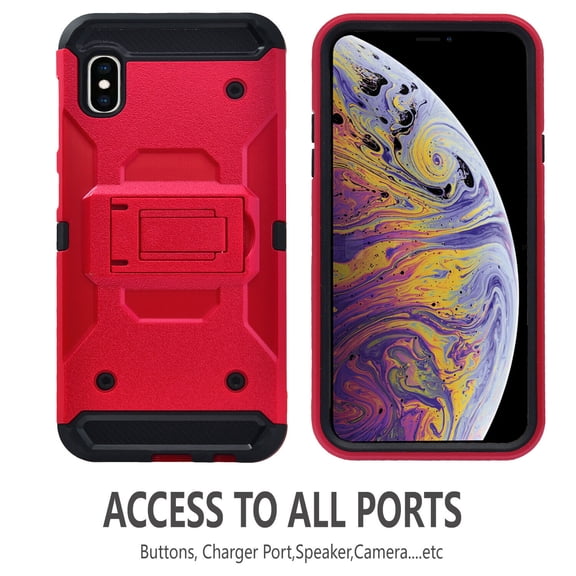 iPhone X/ XS Case, STARSHOP Full Cover Heavy Duty Dual Layers Phone Cover with Kickstand and Locking Belt Clip-Red