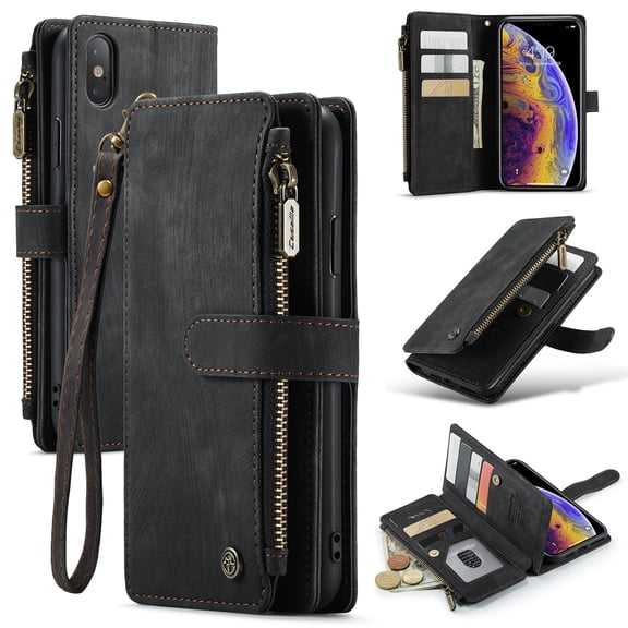 for iPhone X/XS Case, Wallet Case with Card Holder Kickstand Magnetic Zipper Pocket Lanyard Strap Wristlet,Leather Flip Case Wallet for iPhone X/XS, Black