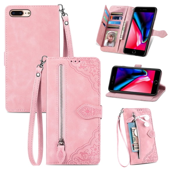 for iPhone X/XS Case for Women,Cute Wallet Case with Zipper Pocket Purse Flower Embossed PU Leather Card Slots Wrist Strap Flip Folio Protective Phone Cover for iPhone X/XS, Pink