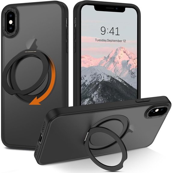 for iPhone X/XS Case, iPhone Xs Phone Case Compatible with MagSafe [Built-in 360°Rotatable Magnetic Ring Holder] Translucent Matte Shockproof Kickstand Cover Case for iPhone X/XS 5.8'', Black