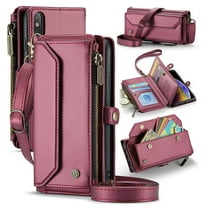 for iPhone X/XS Full Body Protection Wallet Folio Flip Case, Shoulder Strap & Wristlet Card Slots Zipper Pocket RFID Blocking Rugged Durable PU Leather Phone Case Cover, Winered