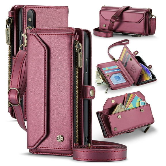 for iPhone X/XS Full Body Protection Wallet Folio Flip Case, Shoulder Strap & Wristlet Card Slots Zipper Pocket RFID Blocking Rugged Durable PU Leather Phone Case Cover, Winered