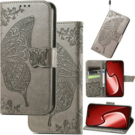 for iPhone X/XS Leather Wallet Phone Case, Butterfly Flower Relief Folio Flip Cover, Floral Card Holder Cash Slot, Magnetic Clasp, Stand Support, Wrist Strap Lanyard
