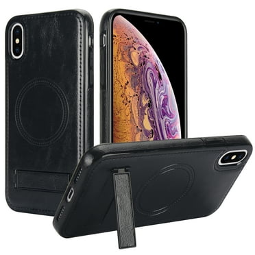 for iPhone X/XS PU Leather Back Case, Built-in Invisible Stand [Compatible with Magsafe] Protective Slim Kickstand Anti-fall Phone Cover Compatible with iPhone X/XS, Black