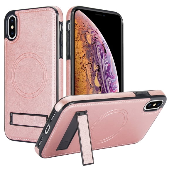 for iPhone X/XS PU Leather Back Case, Built-in Invisible Stand [Compatible with Magsafe] Protective Slim Kickstand Anti-fall Phone Cover Compatible with iPhone X/XS, Rosegold