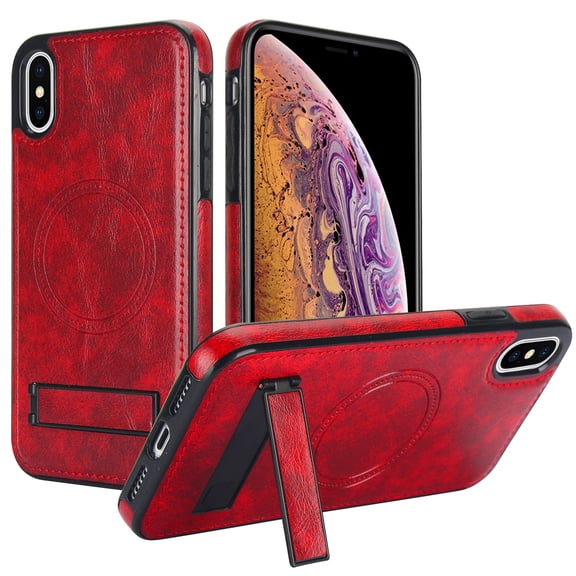 for iPhone X/XS PU Leather Back Case, Built-in Invisible Stand [Compatible with Magsafe] Protective Slim Kickstand Anti-fall Phone Cover Compatible with iPhone X/XS, Winered